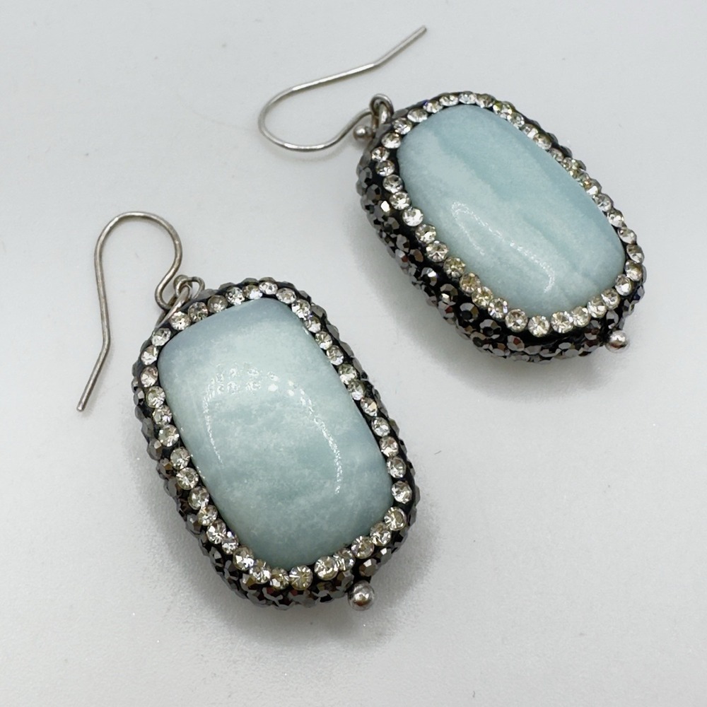 Sterling Silver Blue Stone Cabochon Black Spinel Halo Dangle Earrings 1.75"